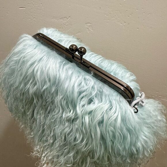 Aqua Handmade Real Mongolian Lamb Fur Kisslock Wristlet/Shoulder Bag, Crossbody - Picture 12 of 16